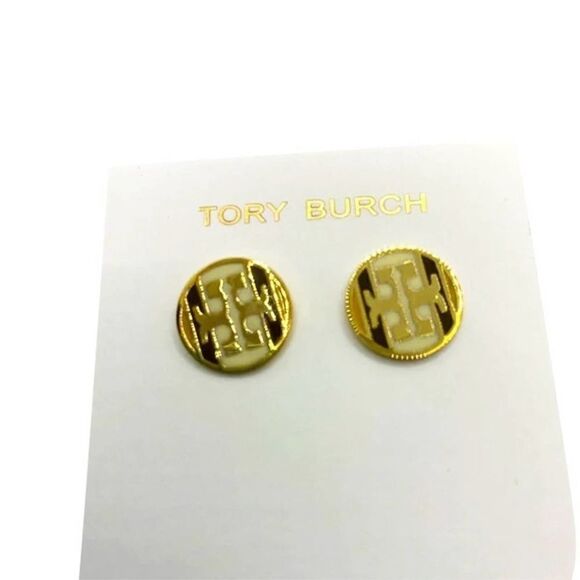 NWOT Tory Burch Gold Logo, Black & White Enamel Round Stud Earrings - Picture 4 of 5